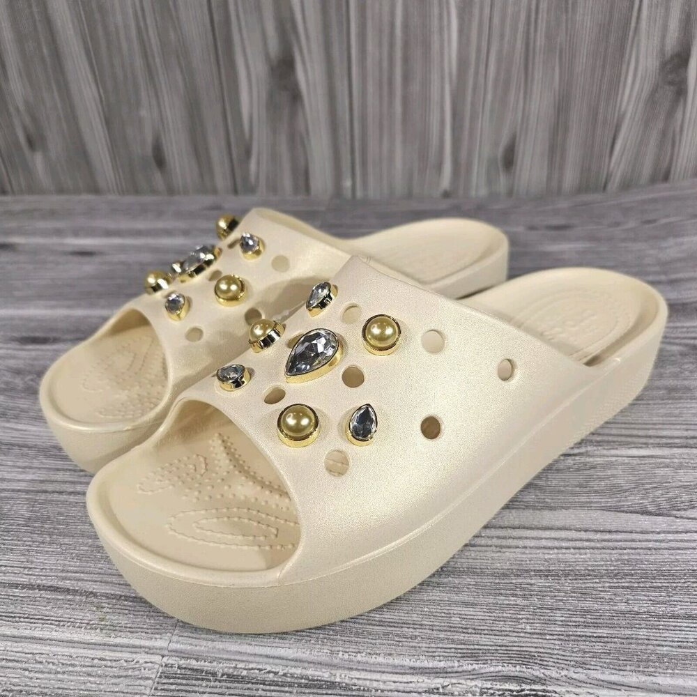Crocs Classic Platform Crystals Pearl Vanilla Sildes Sandals - Women's Size 11